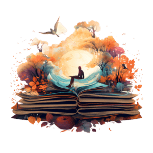 An open book with a person sitting on top of it, creating a cozy homey vibe.