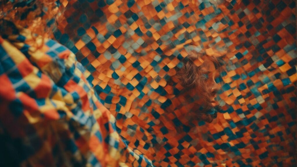An image of a person wrapped in a blue and orange blanket, embracing their true self.