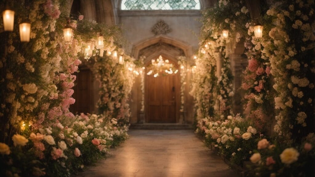 A hallway adorned with flowers, candles, and love.