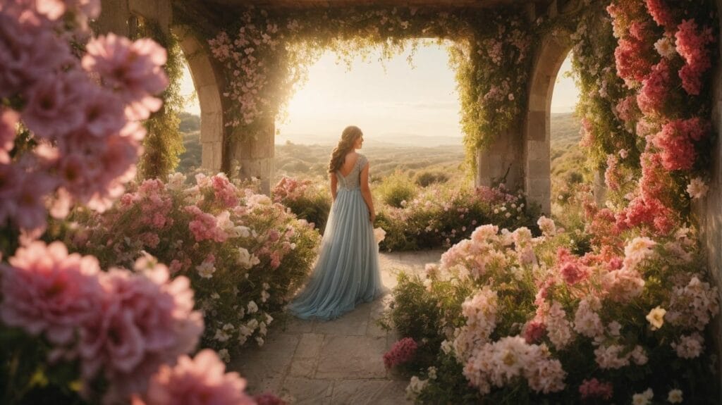 A woman in a blue dress walks through a garden full of pink flowers, finding solace and reassurance in the beauty around her.