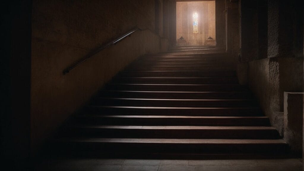 A dimly lit staircase leading to a dark room, where a beam of light emanates.