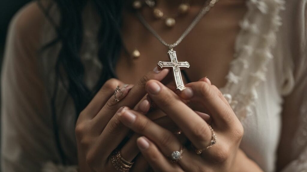 A woman holding a cross in her hands.