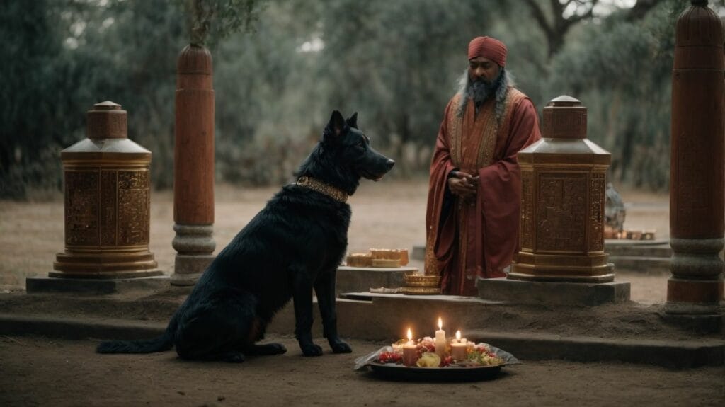 A holy man in a red robe is standing next to a dog.