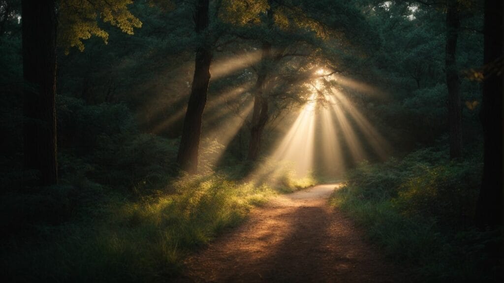 Make the way for God's rays of light shining through trees in a forest.