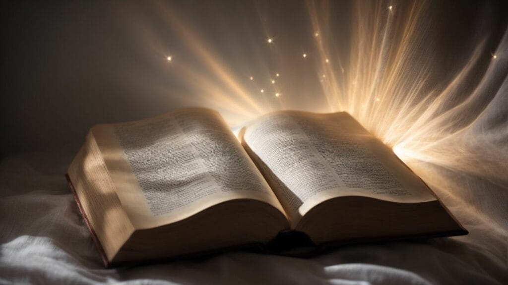 An open book with light coming out of it.