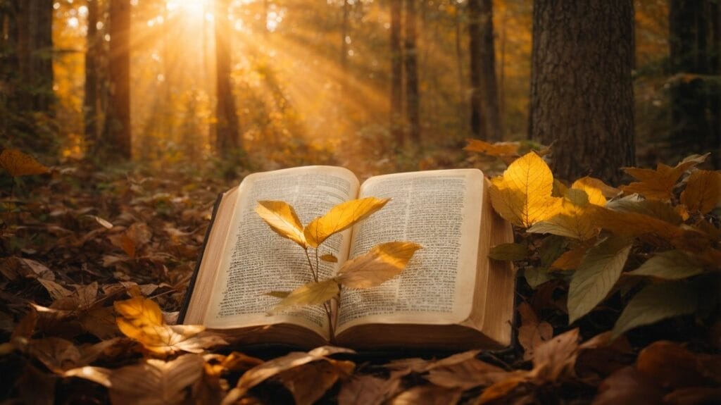 A sunlit forest scene, with healing scriptures from an open bible.