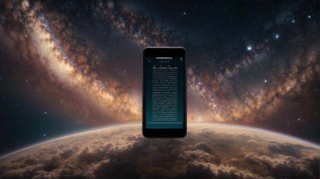 A big smartphone with a book on it in the middle of a galaxy, capturing the wonder of God's creation.