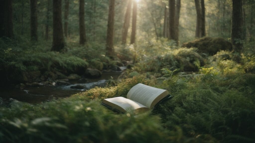 An open book, like a Bible verse, lies peacefully in the serene forest near a tranquil stream, offering a sense of rest.