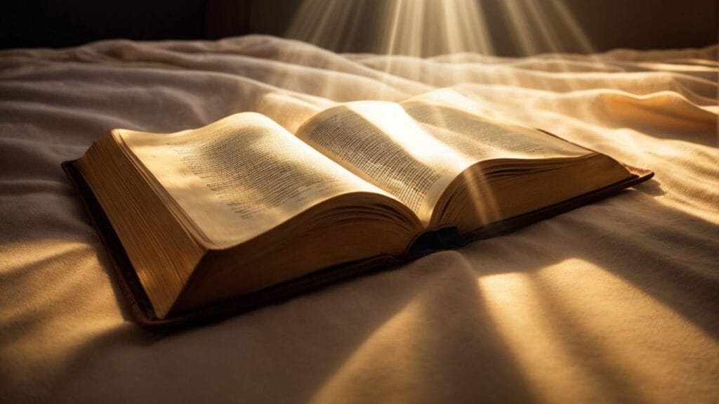 An open bible on a bed with sunlight shining through it, displaying a meaningful Bible verse.