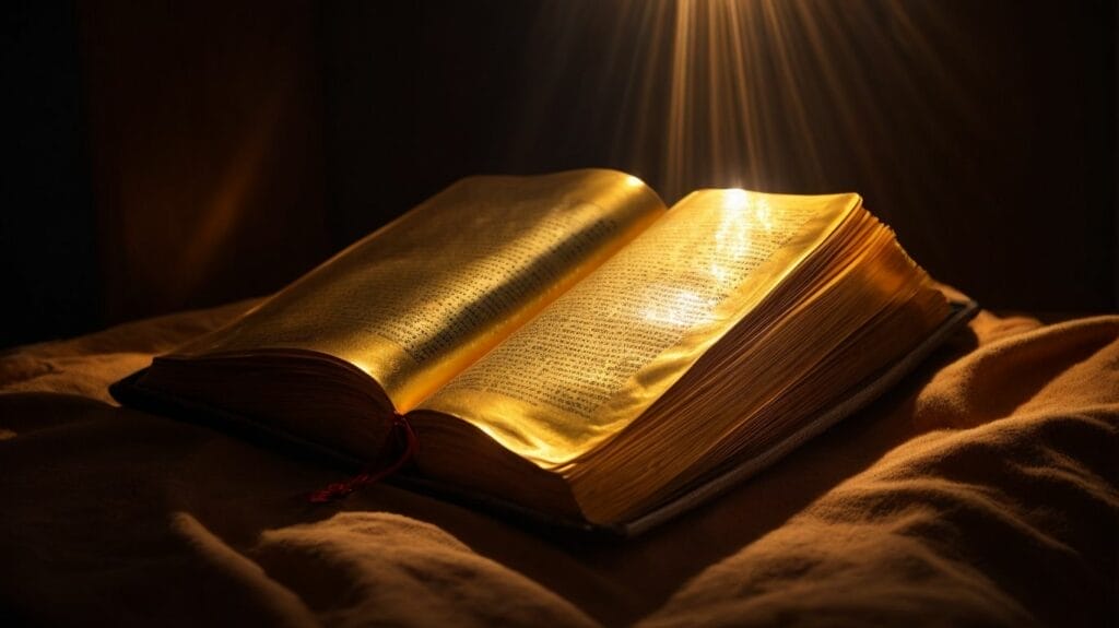 A golden Bible with a light shining on it.