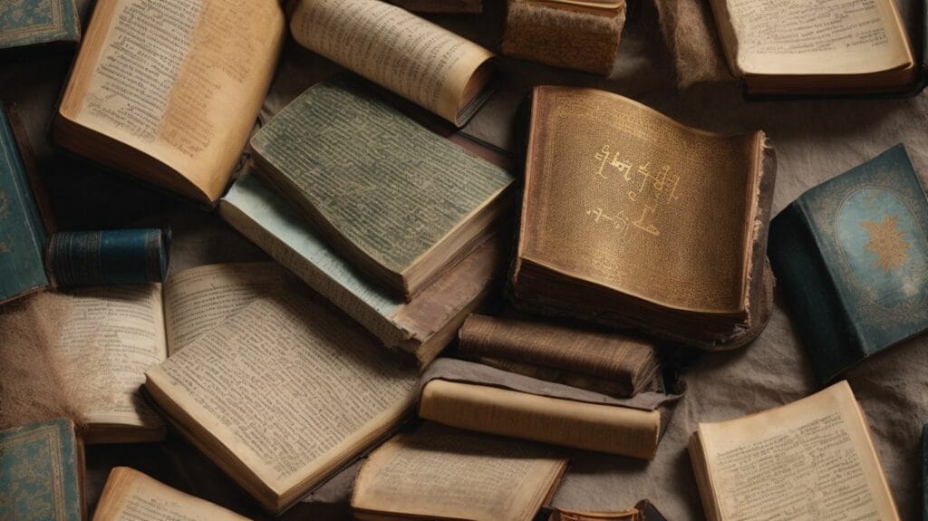A pile of same old books on a table.