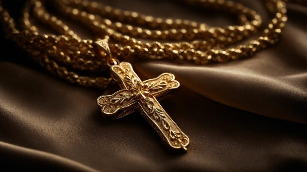 A gold cross pendant on a brown cloth.