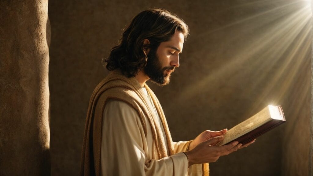 Jesus reading Bible Verses in a dark room.