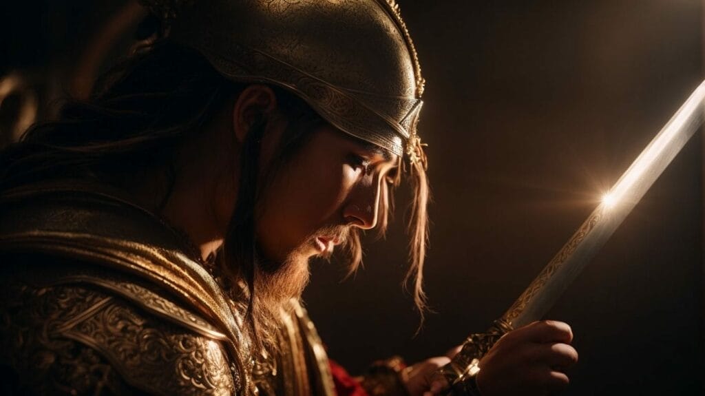 A man in chinese armor holding a sword engaged in spiritual warfare.