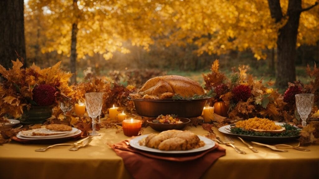 A Thanksgiving table set in the woods, adorned with Bible verses.