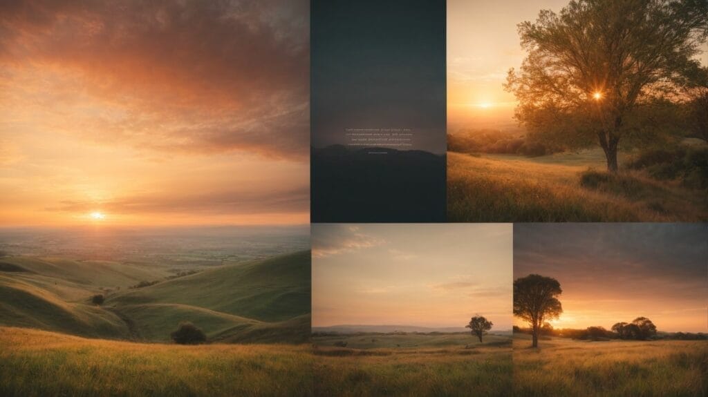 A beautiful collage capturing the serene beauty of a sunset in a grassy field, evoking a sense of the divine presence and guiding wisdom found in Bible verses and the Will of God.