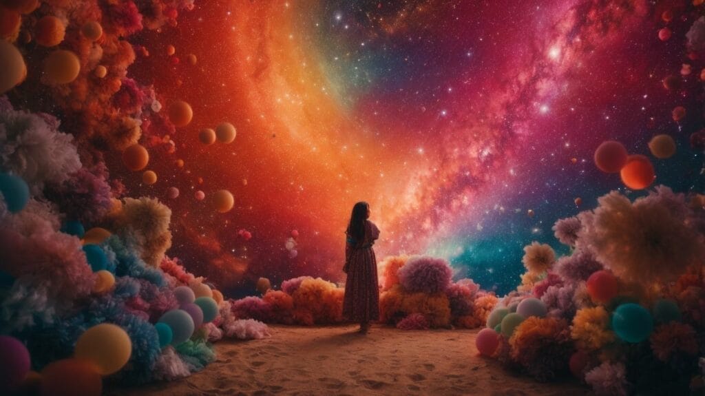 A woman standing in front of colorful balloons in a space, surrounded by Thy Will Be Done Verse.