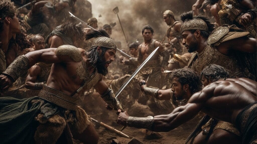 A group of men, resembling a biblical scene, engaged in a fierce battle with swords reminiscent of the epic David and Goliath encounter.
