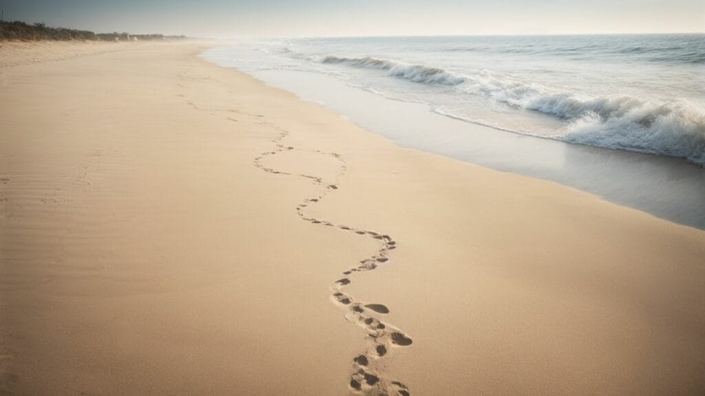 Footprints in the sand on a beach, inspired by the famous Bible verse.