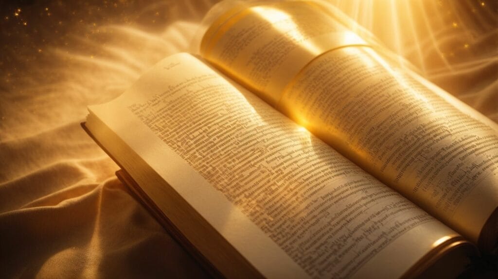 An open book with a golden light shining on it, displaying a Bible Verse carefully illuminated.