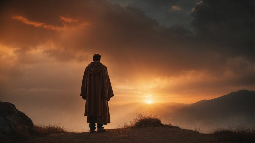 A man in a robe standing on top of a mountain at sunset, reminiscent of the Prodigal Son Bible verse.