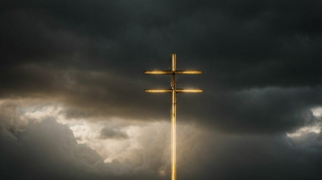 An image of a golden cross against a dark sky, representing the everlasting love and redemption found in Jesus Christ.