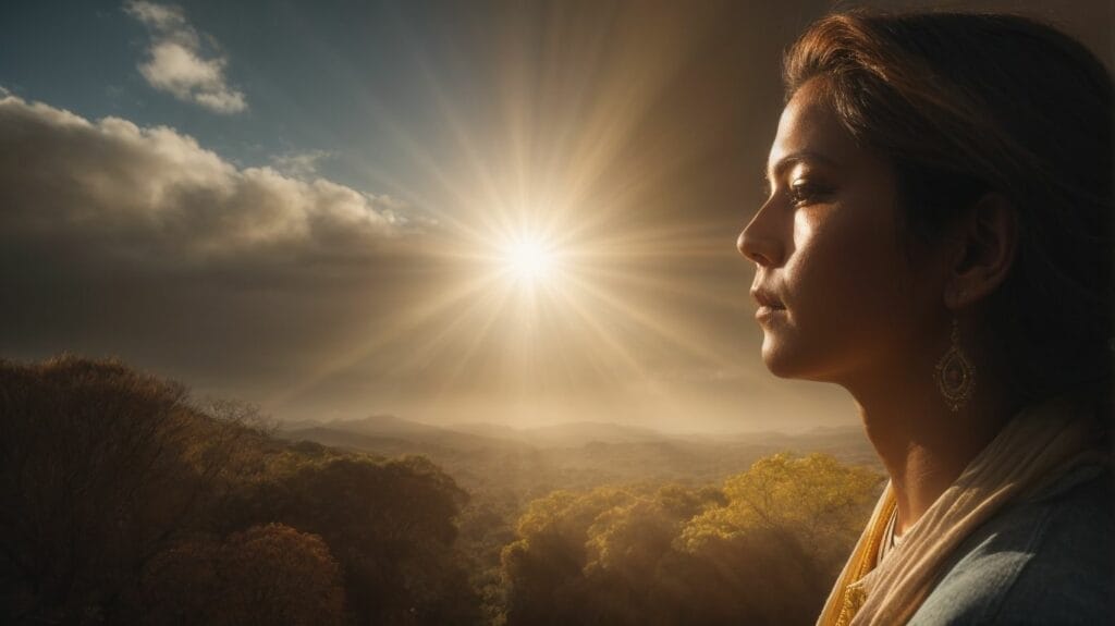 A woman, in awe of the sun in the sky, is reminded of a Bible verse where God's help is mentioned.