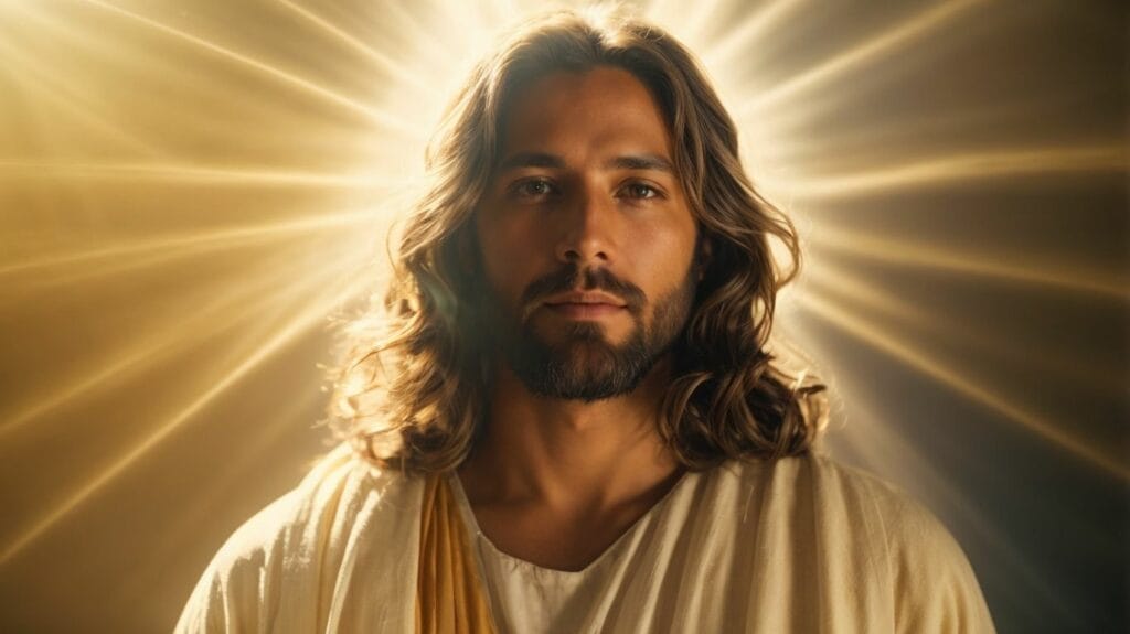 Jesus with rays of light illuminating him, alongside powerful Bible verses.