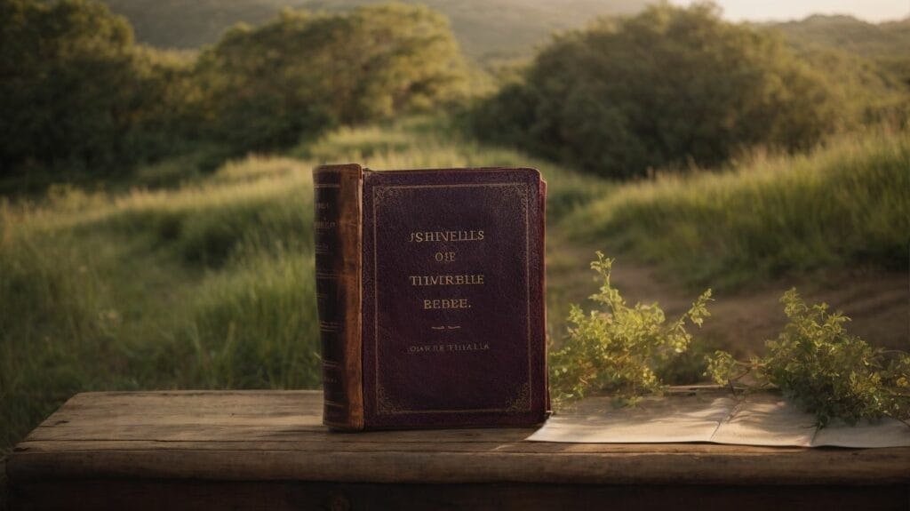 An old Bible sits on a wooden table in a field.