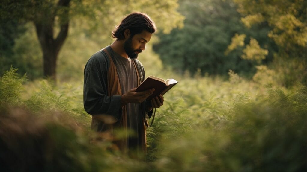 A man is memorizing Bible verses in the woods.