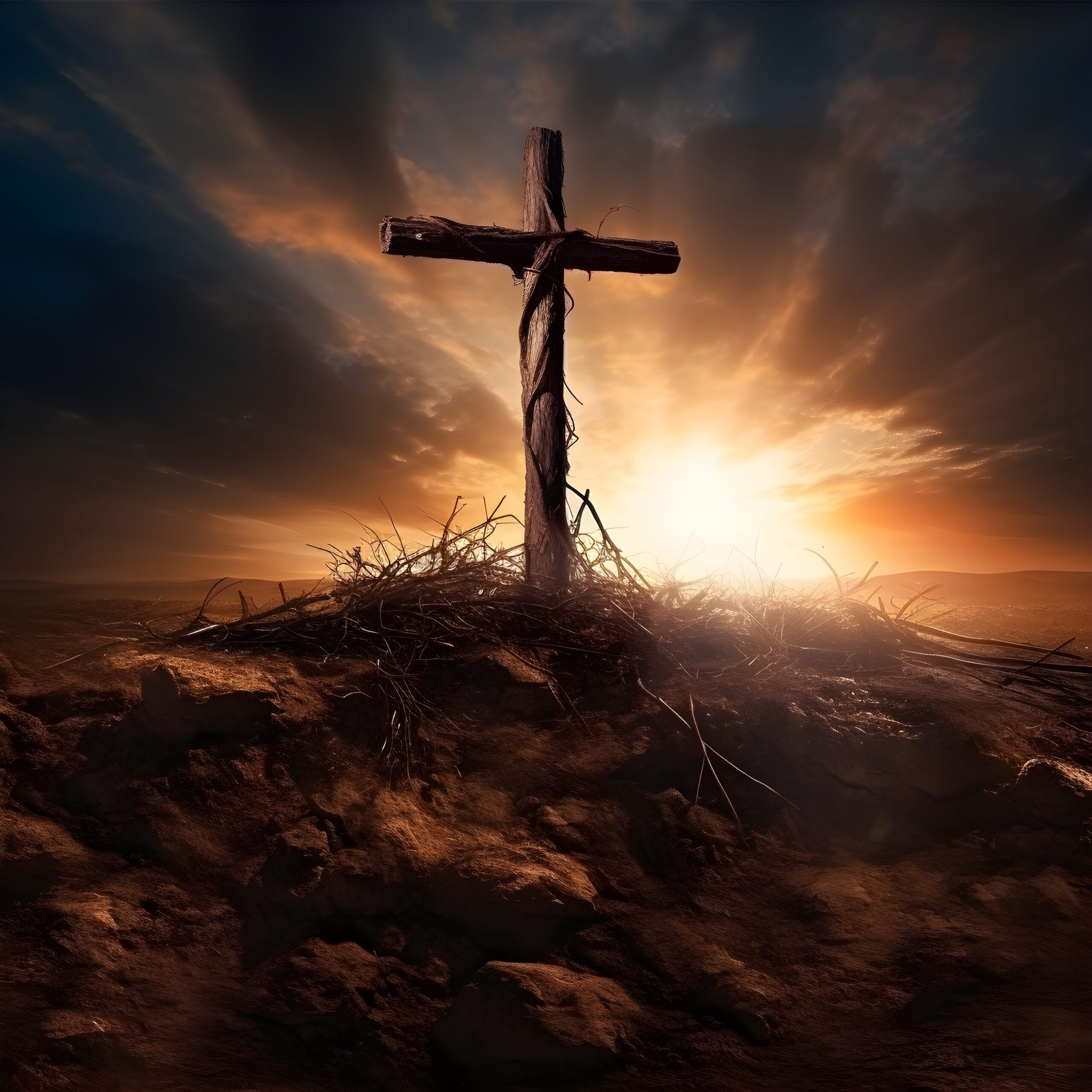 A cross on top of a hill with a sunset, symbolizing home.