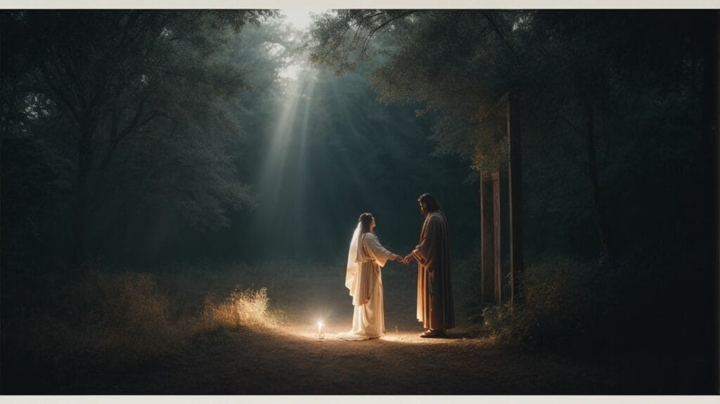 A bride and groom standing in the woods with a light shining on them, surrounded by John and their loved ones.
