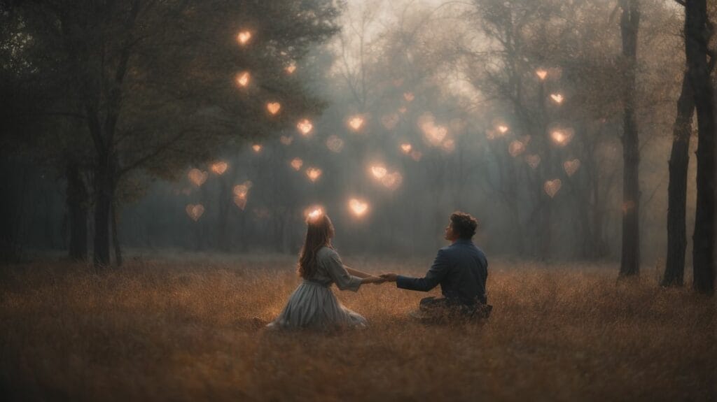 John and a woman sitting in a forest with heart shaped lights in the sky, inspired by 1 John 4.