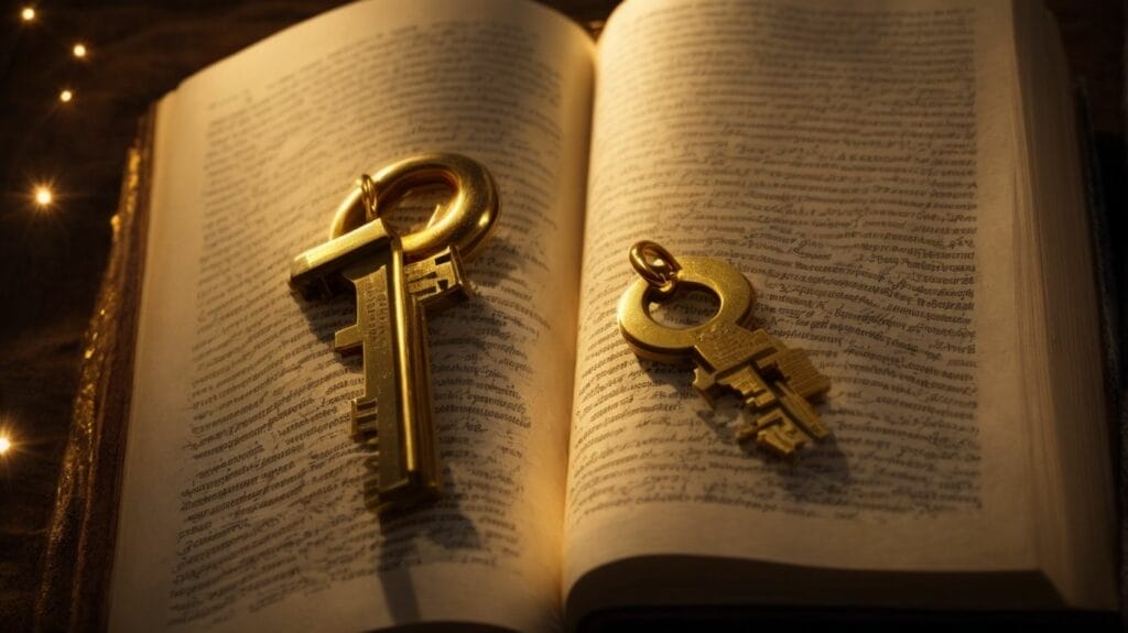 Two golden keys on top of an open book strategically placed for SEO keywords.