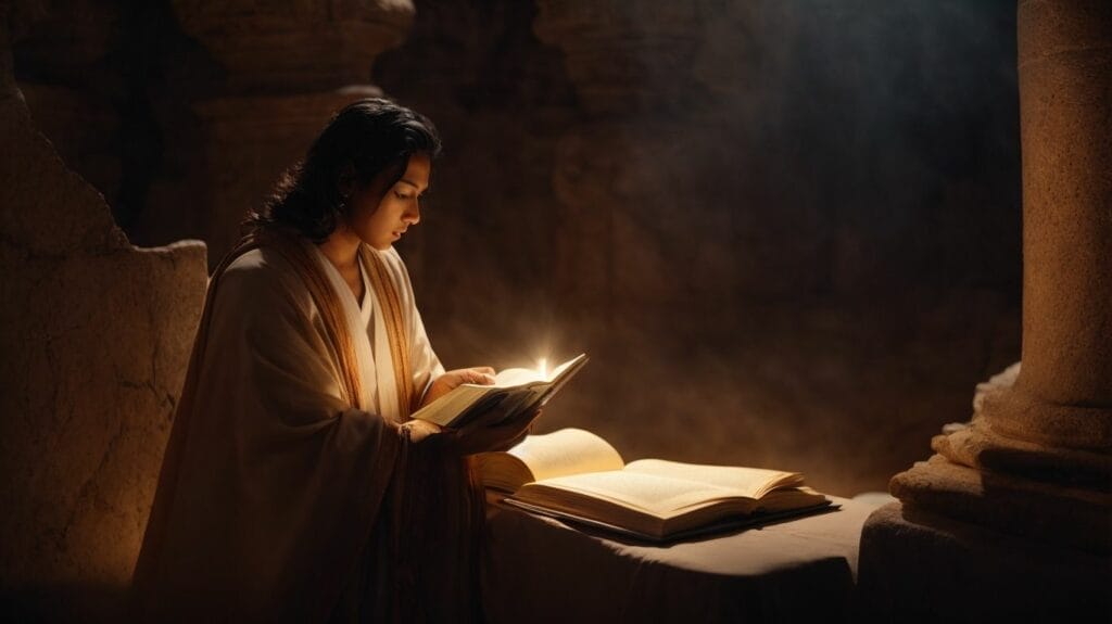 Jesus reading a book in a cave with Peter by his side.