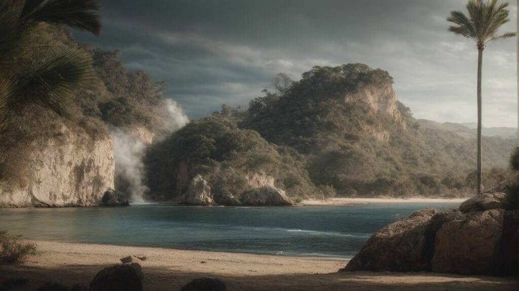 Peter enjoying a beach with palm trees and a waterfall.
