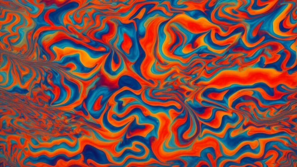 An orange and blue psychedelic swirled pattern featuring vibrant colors and mesmerizing patterns.
