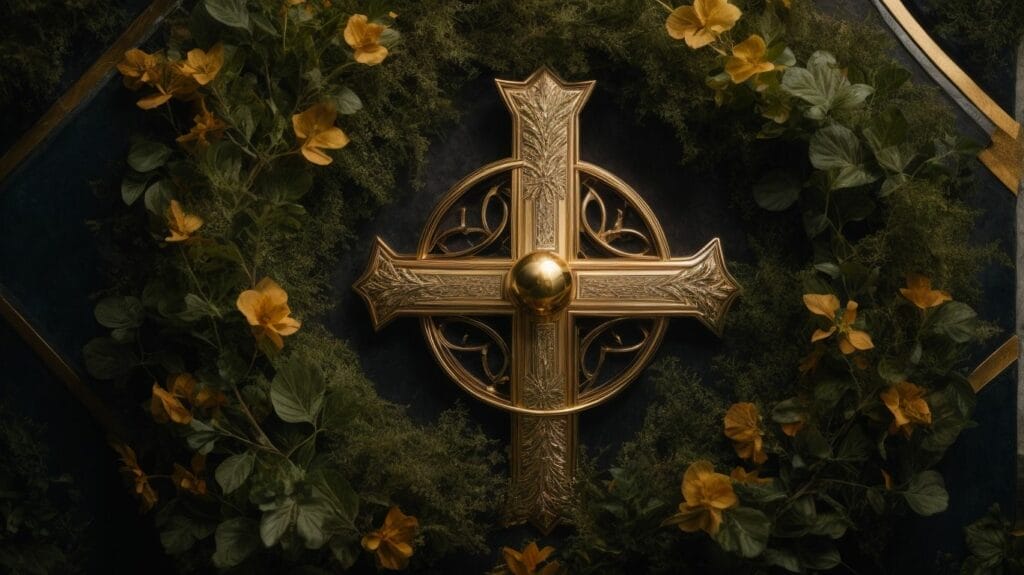 A Christian gold cross adorned with yellow flowers.
Keywords: Christian, Apparel