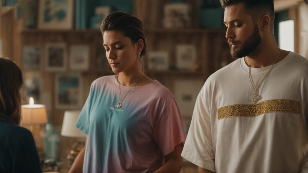 A man and a woman wearing Christian T-Shirts standing next to each other in a room, showcasing the best selling designs.