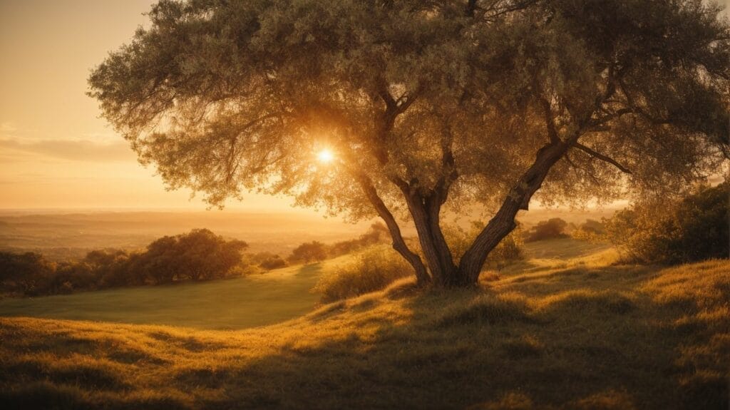 A tree in a field at sunset, embracing the tranquil beauty of nature and inspiring contemplation of life's blessings.