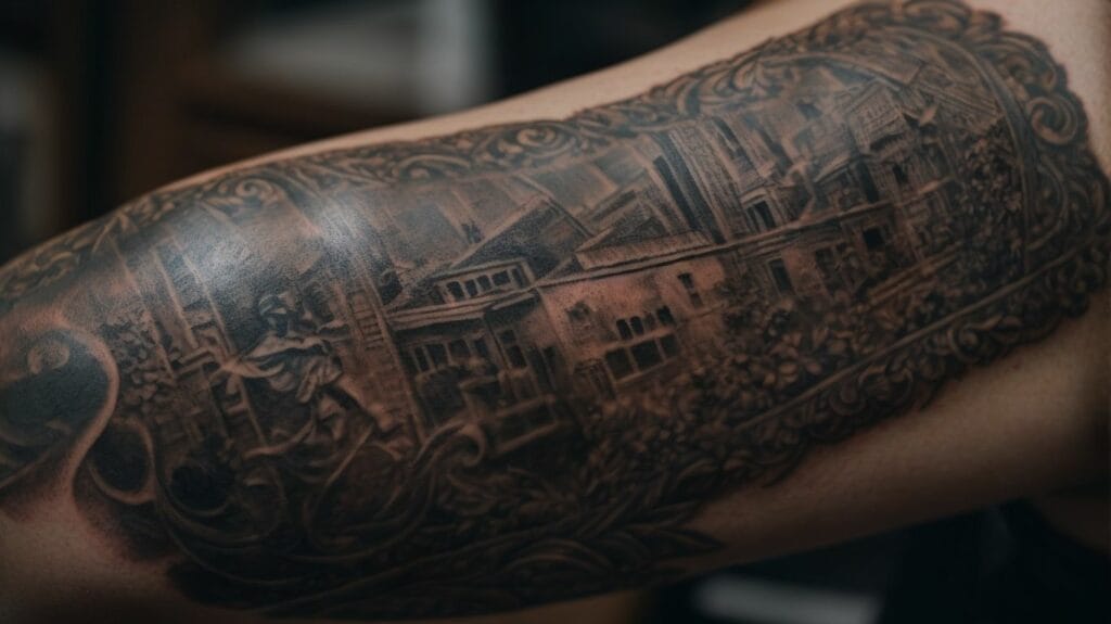 A man's arm adorned with a tattoo of a building, complementing his collection of Bible verse tattoos.