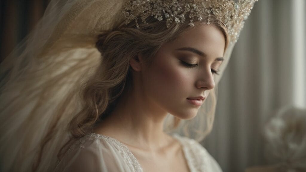 A beautiful bride in a stunning wedding dress with a crown on her head.