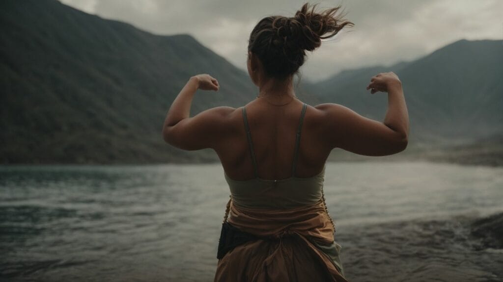 A confident woman is flexing her muscles in front of a serene lake.