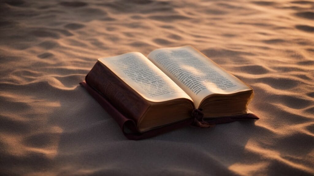 A bible on the sand at sunset, radiating hope.
