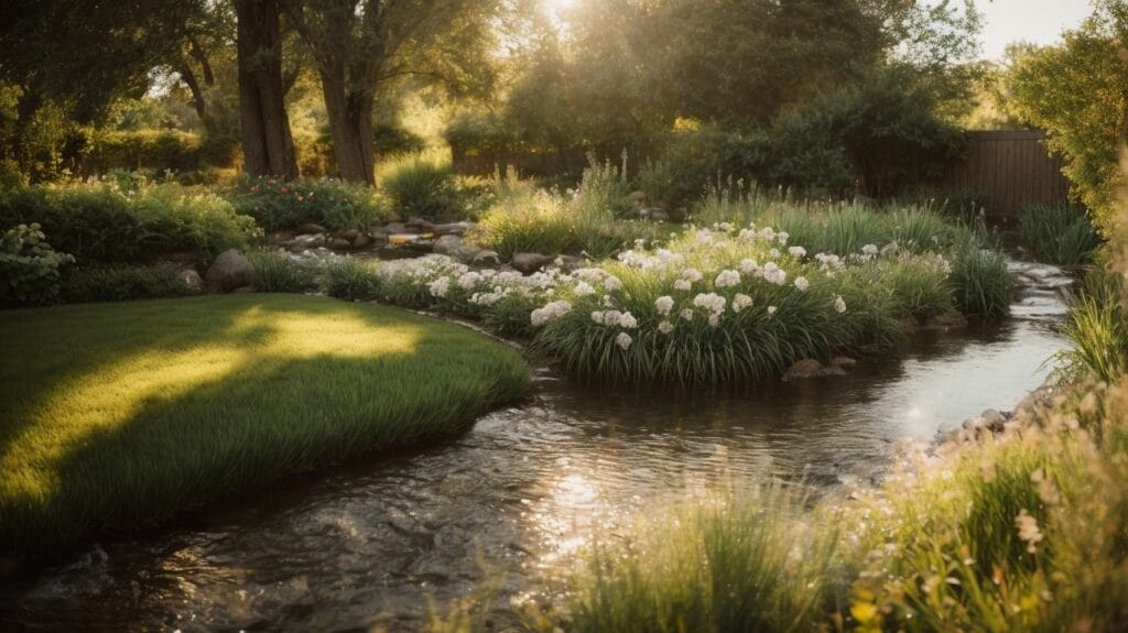 A serene garden oasis with a peaceful stream meandering through, reminiscent of biblical verses about the beauty and interconnectedness of life.