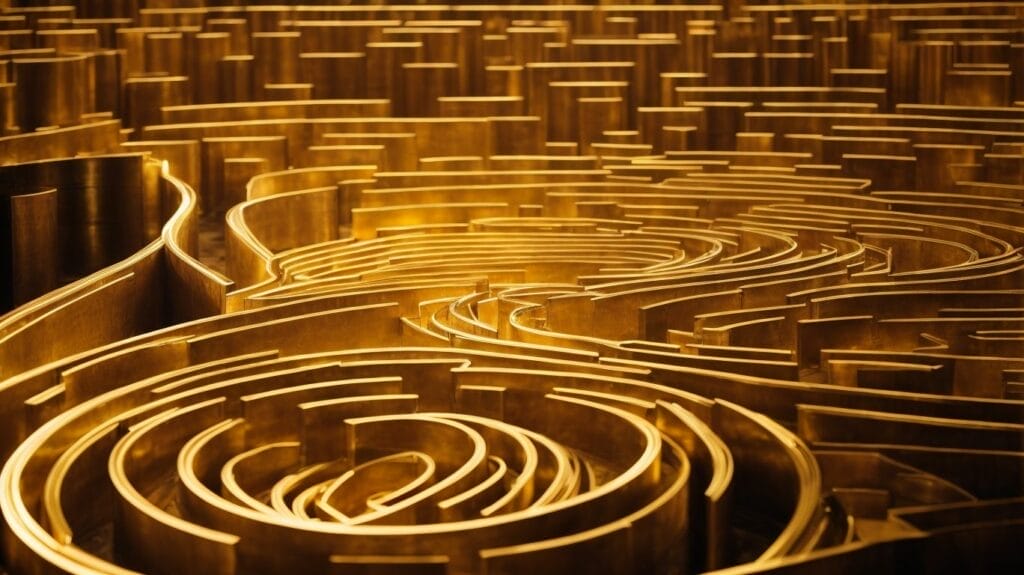 A golden labyrinth adorned with intricate spirals, reminiscent of verses from the Bible.