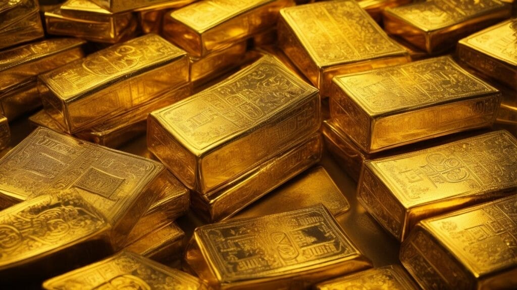A stack of gold bars on a table, representing wealth and financial abundance.