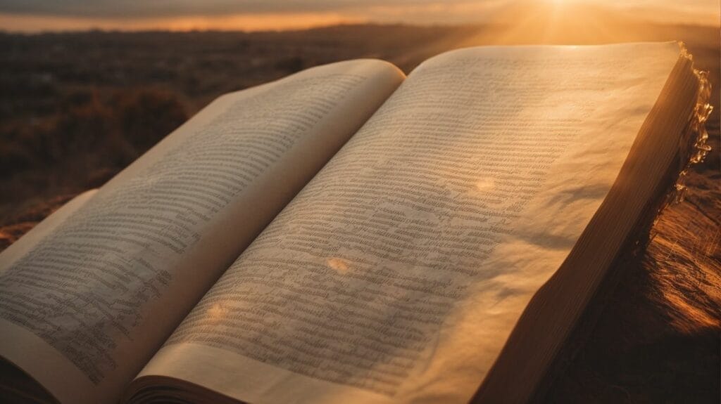 An open bible on top of a hill, its pages filled with inspiring Bible verses, as the sun sets behind it.