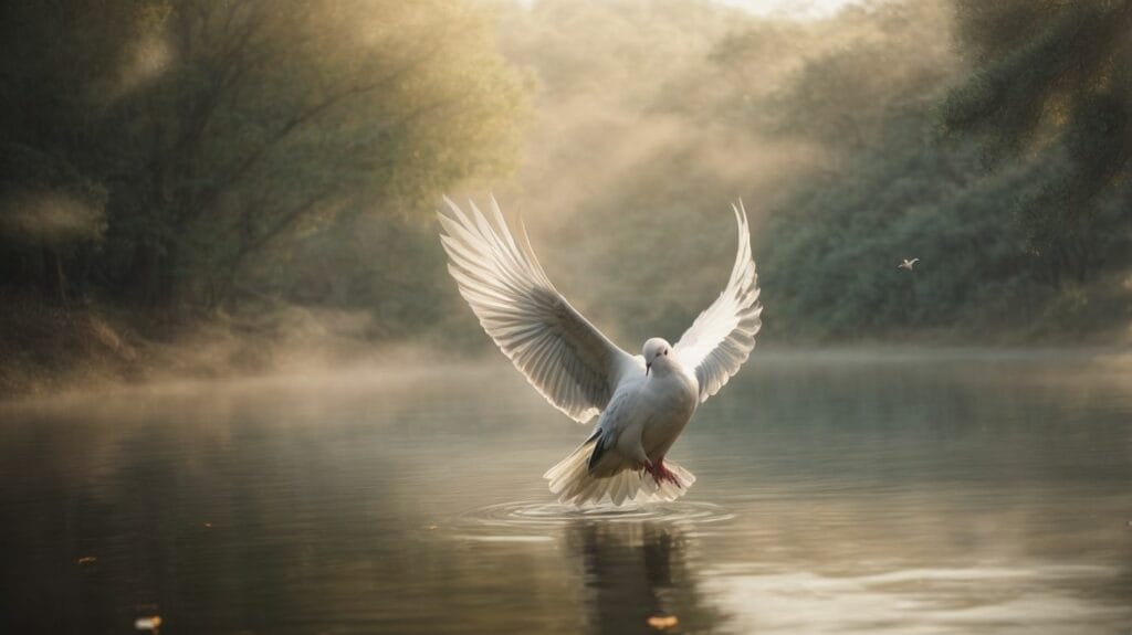 A white dove, symbolizing peace, gracefully glides through the air over a serene body of water.