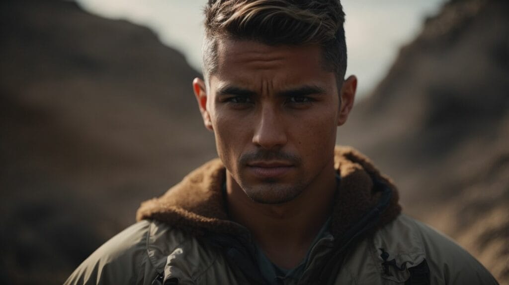 A persevering man in a jacket standing resolutely in a barren desert, finding solace and inspiration from Bible verses.